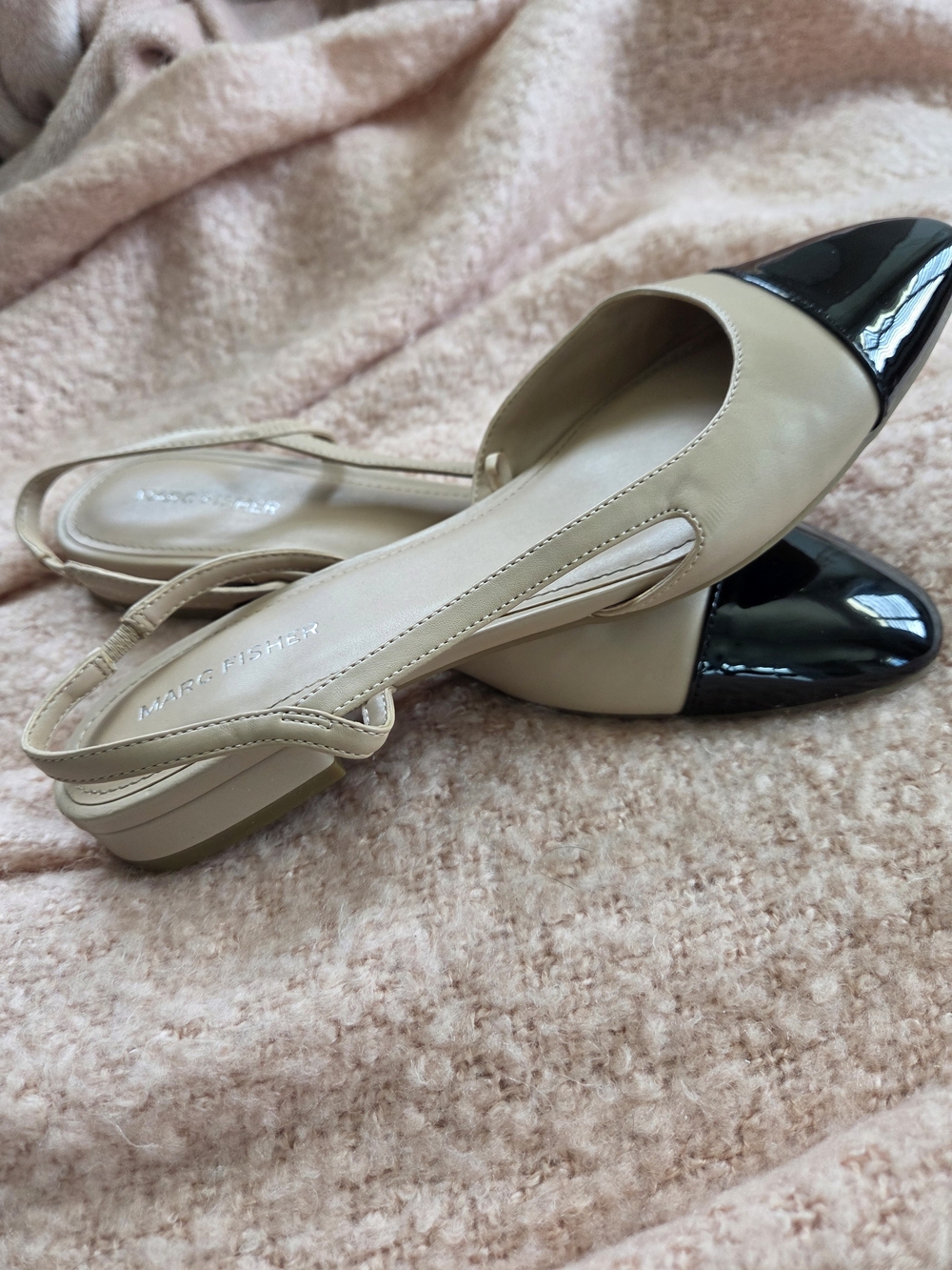 Marc Fisher Beige & Black Cap Toe Slingback Flats - Picture 6 of 6